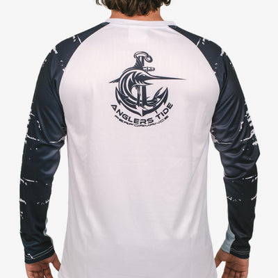 Back view of design on white long sleeve fishing shirt