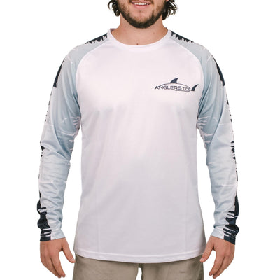 Front view of Atlantis white long sleeve fishing shirt