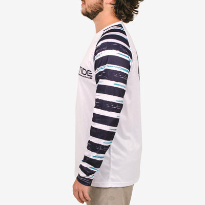 Side view of Atlantis white striped long sleeve fishing shirt